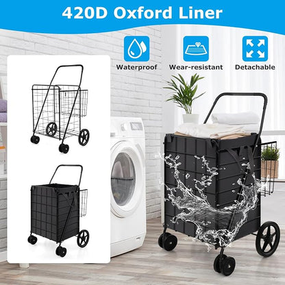 Goplus Folding Shopping Cart for Groceries, Upgraded Jumbo Grocery Cart - Image 4