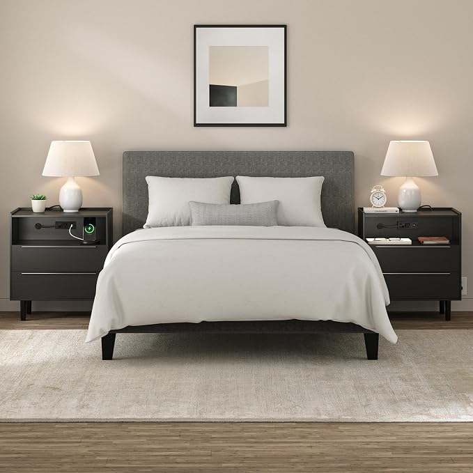 26" Tall Black Nightstand with Charging Station, 2 Drawer Contemporary Modern - Image 9