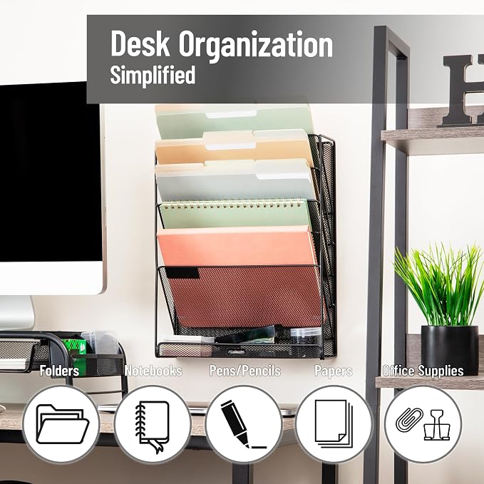 Mind Reader 5-Pocket Vertical File Storage, Desktop Organizer, Wall Mount - Image 2