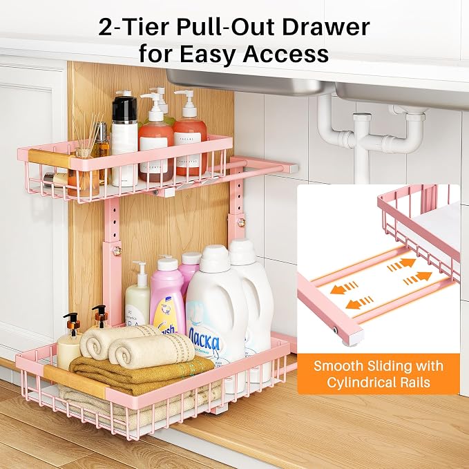 PXRACK Under Sink Organizer, Adjustable Height, 2 Tier Pull Out Under Cabinet - Image 4