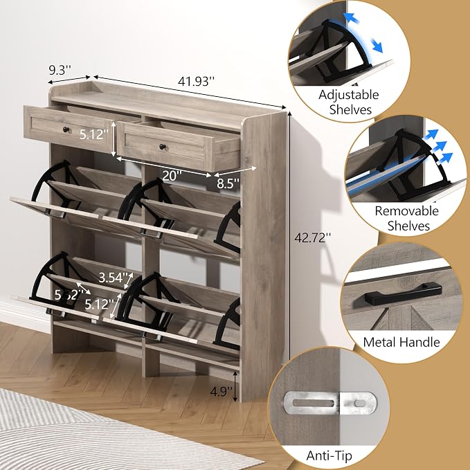 Thacuok Shoe Cabinet with 4 Flip Drawers & 2 Storage Drawers, Rustic Farmhouse - Image 6