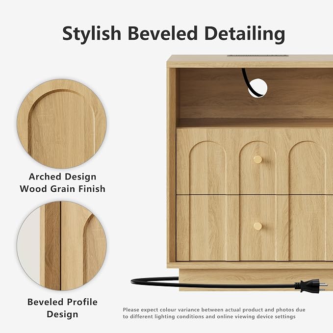 Nightstand with Charging Station, Mid Century Modern Nightstand with Arched - Image 3