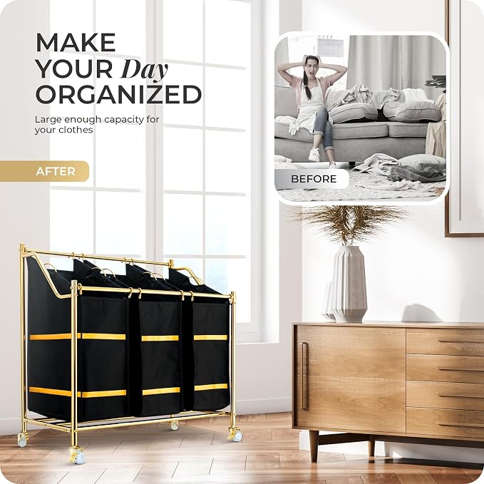 LUXURY STYLE Laundry Hamper, 3-Section Rolling Laundry Sorter Cart - Image 2
