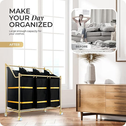 LUXURY STYLE Laundry Hamper, 3-Section Rolling Laundry Sorter Cart - Image 2
