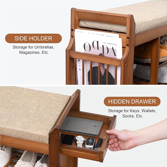 PETKABOO 39.4" Shoe Bench with Coat Rack Hidden Drawer and Side Holder - Image 3