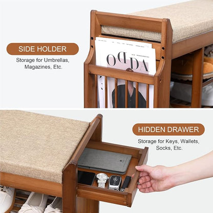 PETKABOO 31.5" Shoe Bench with Coat Rack Hidden Drawer and Side Holder - Image 3