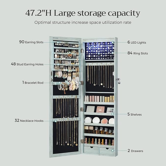 SONGMICS 6 LEDs Mirror Jewelry Cabinet, 47.2-Inch Tall Lockable Wall or Door - Image 5