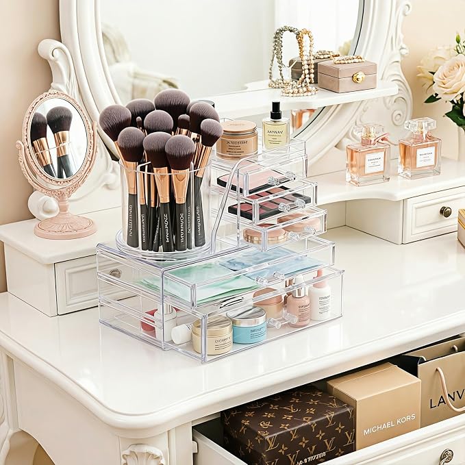 Clear Acrylic Makeup Organizer Countertop 360° Rotating & Removable Storage - Image 6