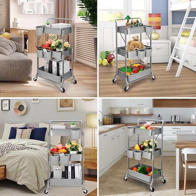 Foldable 3 Tier Metal Utility Rolling Cart, Folding Mobile Multi-Function - Image 7