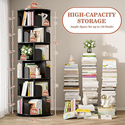 Aheaplus 6 Tier Rotating Bookshelf, Wood Spinning Bookshelf Tower, Round - Image 2