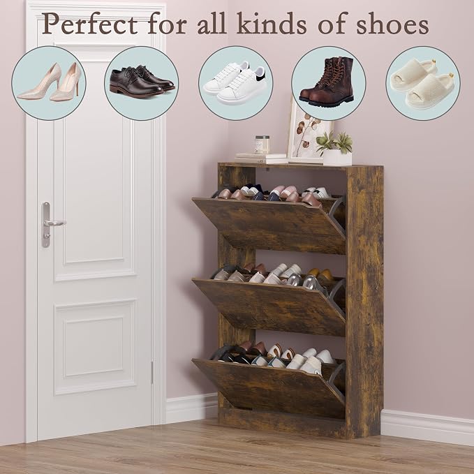 BORNOON Shoe Cabinet with 3 Flip Drawers, Hidden Wood Shoe Cabinet, - Image 4