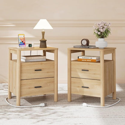 Night Stand Set of 2 with Charging Station, 2 Drawers End Table with Open Shelf by FavourLife