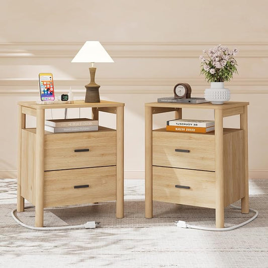 Night Stand Set of 2 with Charging Station, 2 Drawers End Table with Open Shelf by FavourLife