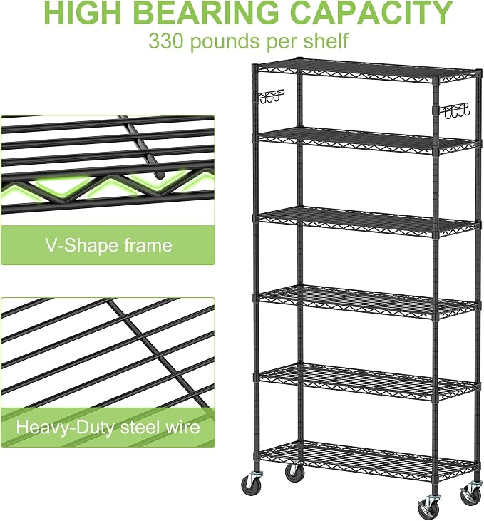 6 Tier Wire Metal Shelving Rack Garage Storage Rolling Shelves - Image 6