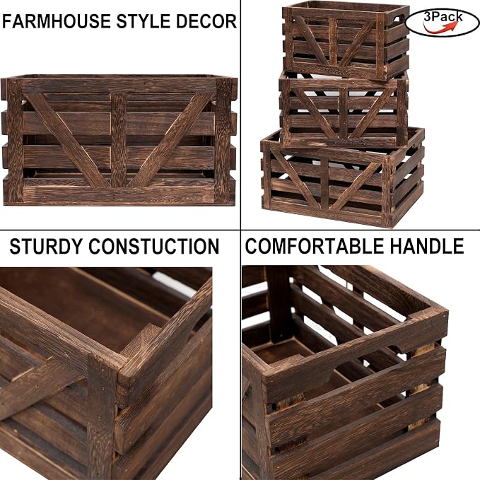 Nested Wooden Storage Crates Set of 3, Farmhouse Decorative Boxes - Image 4