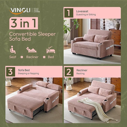 VINGLI Pink Futon Sofa Bed Convertible Loveseat Sleeper Sofa Couch, Corduroy - Image 4