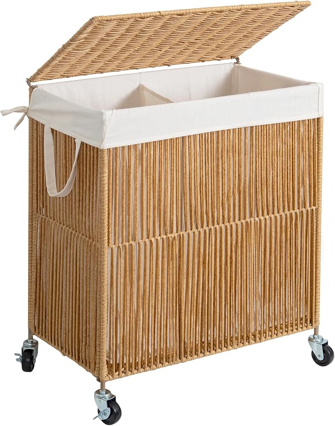 WOWLIVE Laundry Hamper with Wheels, Handwoven Rolling Laundry Basket with Lid by WOWLIVE