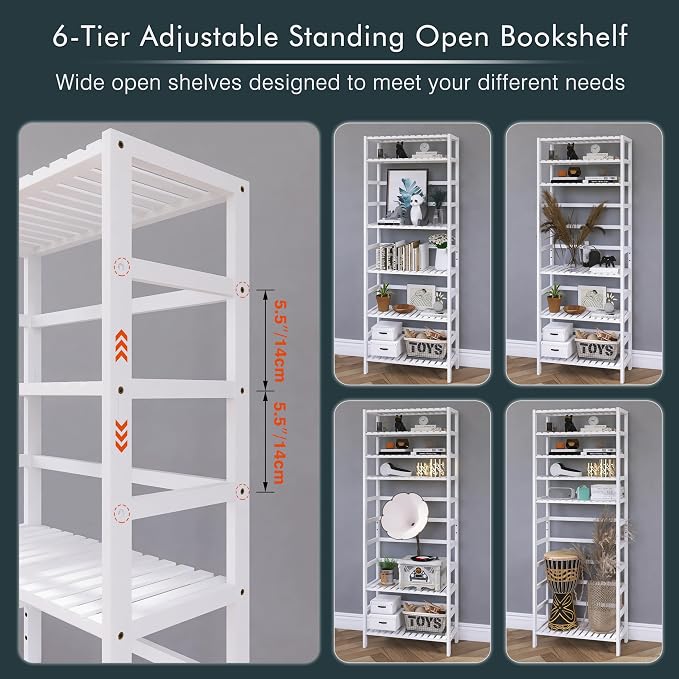 HITNET Bookshelf, 6-Tier Tall Bookcase Freestanding Bamboo Book Shelf Bathroom - Image 7