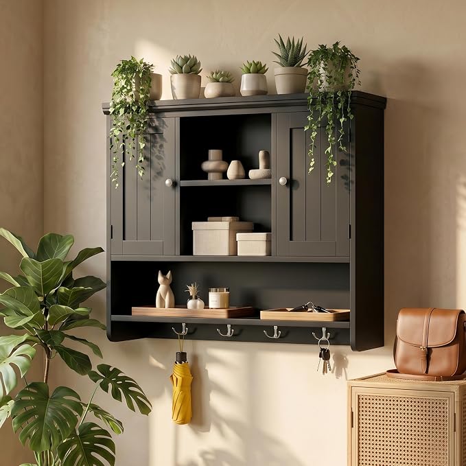 Bathroom Wall Cabinet with Doors and Hooks, 3-Tier Wall Mounted Cabinet | - Image 9