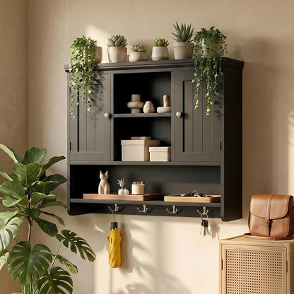 Bathroom Wall Cabinet with Doors and Hooks, 3-Tier Wall Mounted Cabinet | - Image 9