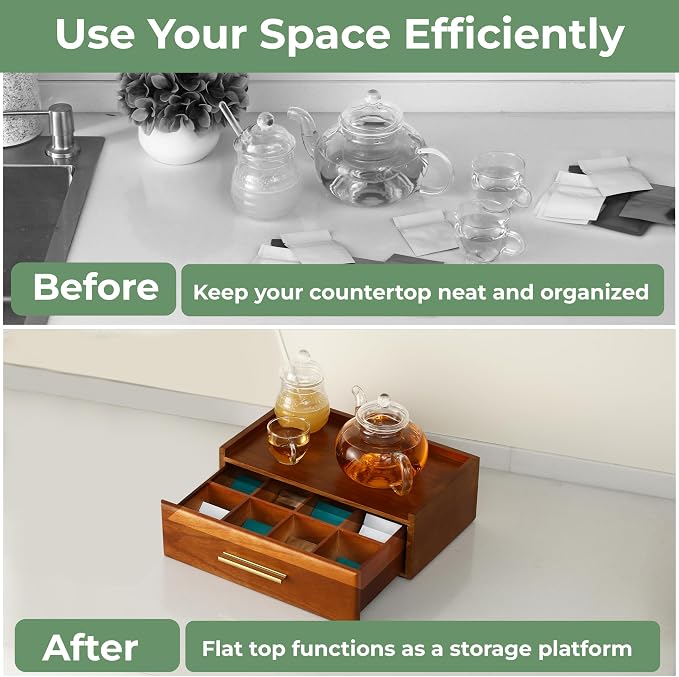 Tea Bag Organizer for Counter – Easy Pull Drawer, Anti-Slip Pads, Wooden Tea - Image 4