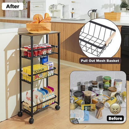 Narrow Rolling Cart with Wheels, 4-Tier Slim Metal Storage Cart with Pull-Out - Image 3
