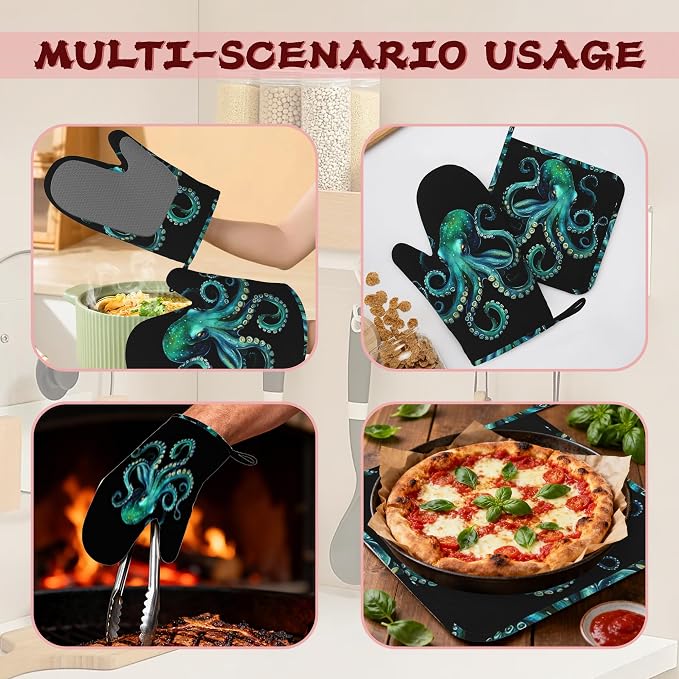 Octopus Silicone Oven Mitts and Pot Holders, Heat-Resistant 4 Piece Kitchen Set - Image 6