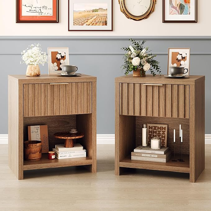 VINGLI Walnut Nightstand Set of 2, Bedside Table, End Tables Bedroom, Wood Side by VINGLI