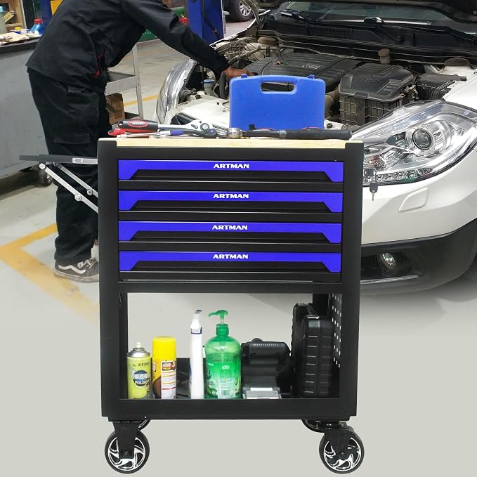 36" Tool Box with Wheels 4 Drawers Rolling Tool Cart, Wooden Top Workbench - Image 2