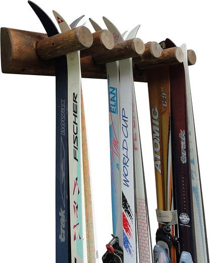 6-Place Log Ski Rack Wall Mount, Indoor Ski Storage Rack by LogKayakRack