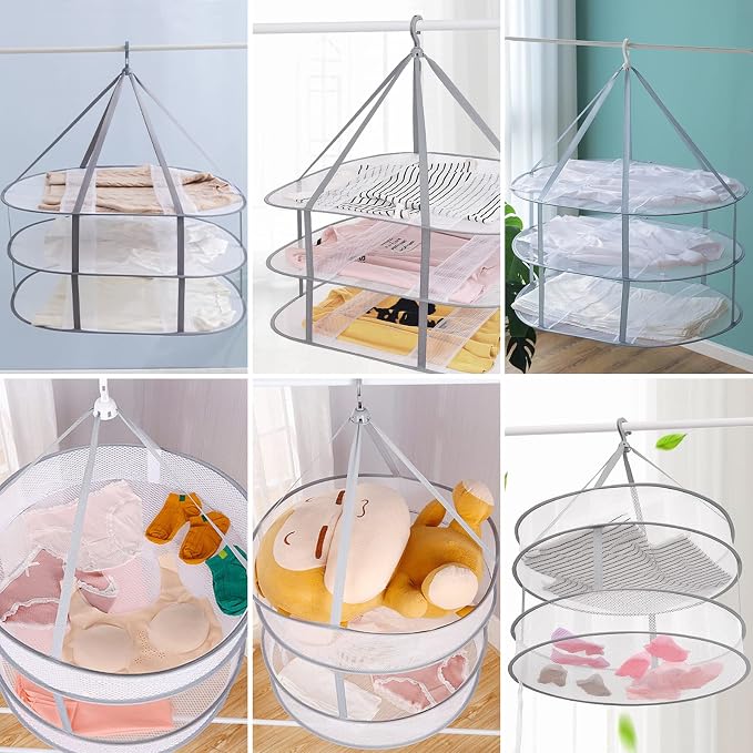 3-Tier Folding Mesh Clothes Hanging Dryer, Sweater Drying Rack, Large Laundry - Image 7