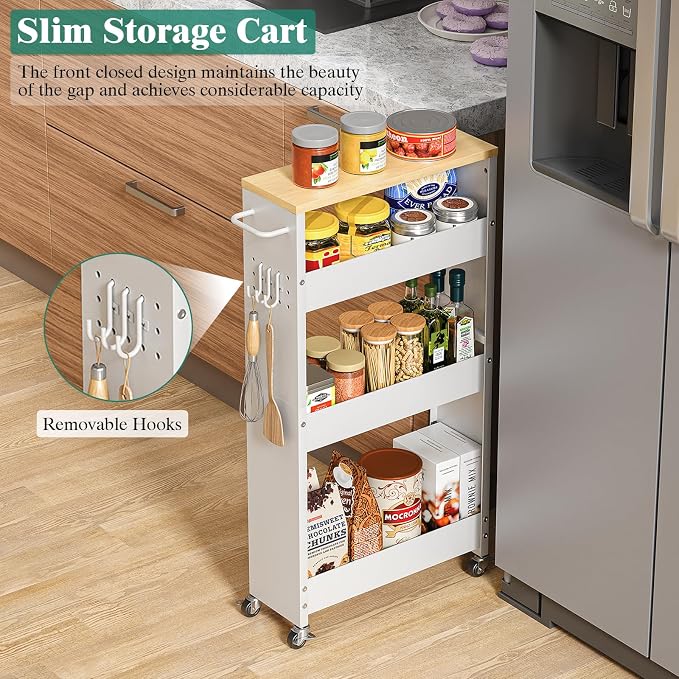Slim Storage Cart, 4-Tier Kitchen Rolling Cart Narrow Storage Cabinet - Image 2