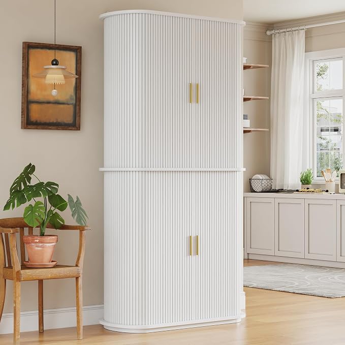 iPormis Kitchen Pantry with Sliding Doors, Tall Modern Curved Pantry Storage - Image 3