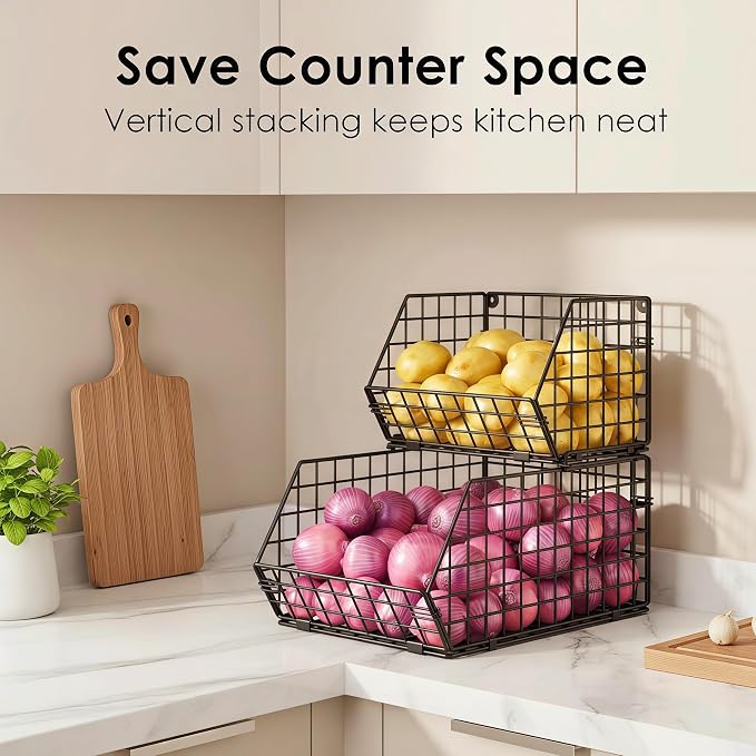 2-Tier Potato and Onion Storage Bin, Stackable Wire Baskets - Image 2