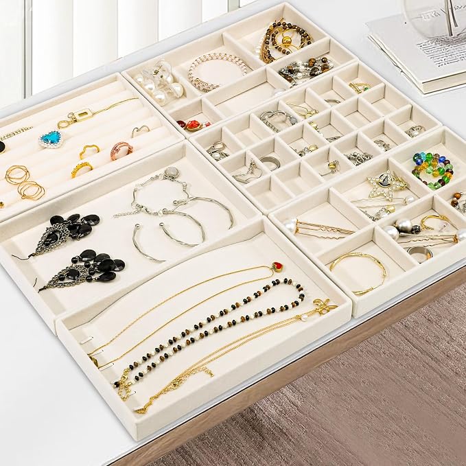 Dntorx Stackable Jewelry Organizer Trays, 6 Set of Velvet Jewelry Drawer Insert - Image 2