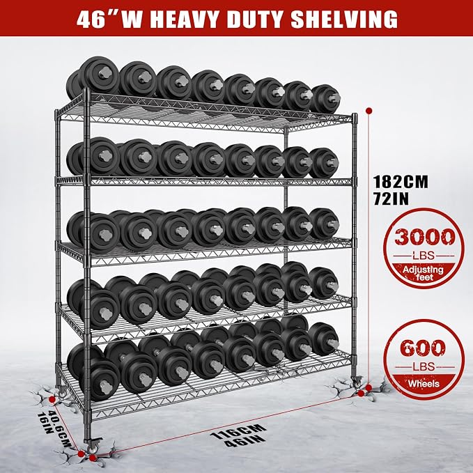 AIRAJ 5 Tier Wire Shelving | 46” W Rolling Wire Rack - Image 3