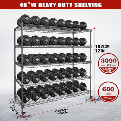 AIRAJ 5 Tier Wire Shelving | 46” W Rolling Wire Rack - Image 3