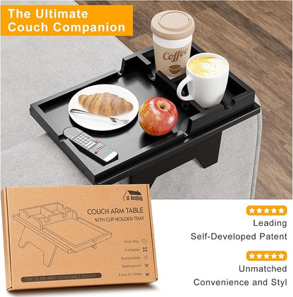 Black Couch Cup Holder Tray - 2 in 1 Couch Armrest Table - Foldable Sofa - Image 8