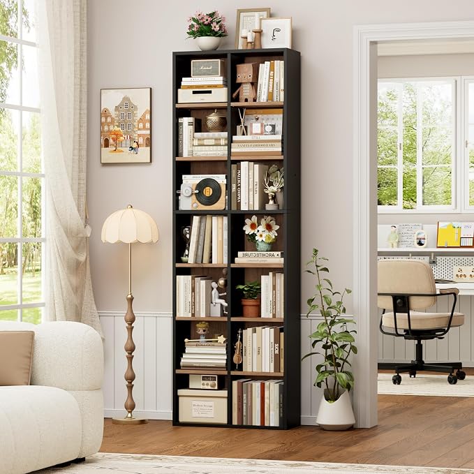FOTOSOK Bookshelf Bookcase 7-Tier Narrow Bookshelf Tall CD Media Tower Rack | - Image 2