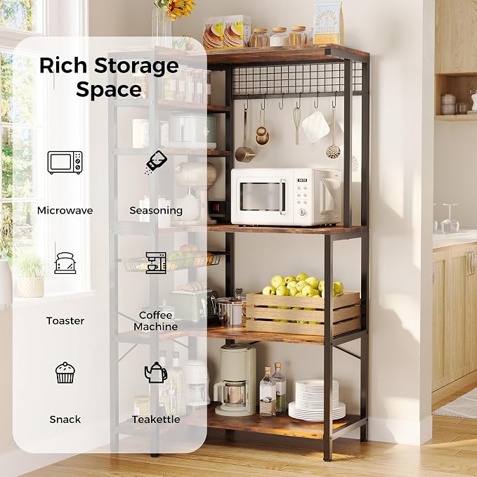 IRONCK Bakers Rack with Power Outlet, 5-Tier Corner Microwave Stand with Storage - Image 4