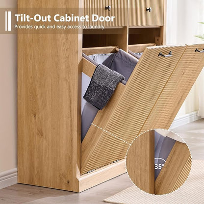 Modern Double Tilt-Out Laundry Hamper Cabinet, 20 Gallon Fluted Trash Can - Image 4