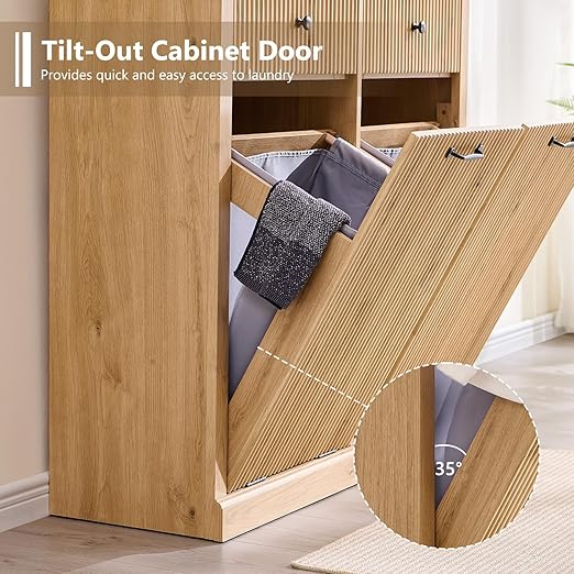 Modern Double Tilt-Out Trash Cabinet, 20 Gallon Fluted Laundry Hamper Cabinet - Image 6
