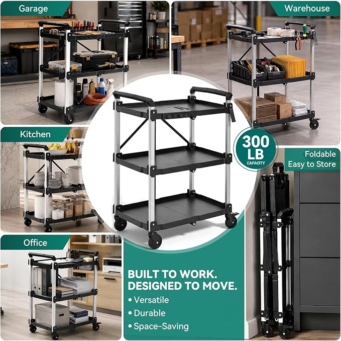 YITAHOME 3-Tier Large Folding Utility Cart w/Wheels, 300lbs | Foldable Service - Image 9