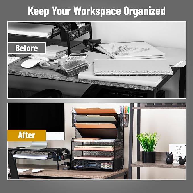 Mind Reader Mesh Desk Organizer, 6 Compartments, 1 Drawer, 2 Pen Cups, Office - Image 5