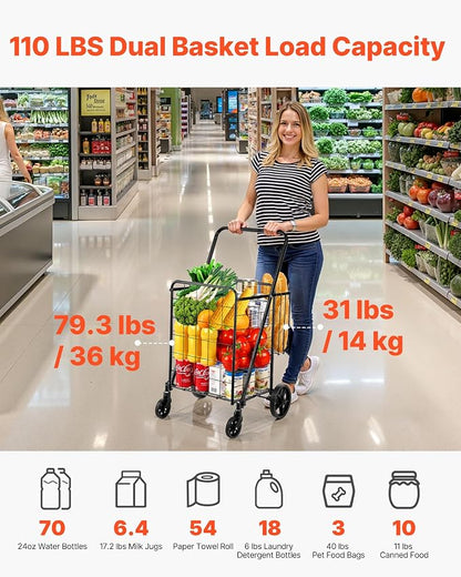 VEVOR Folding Shopping Cart, Double Baskets, 360° Swivel Wheels, 110 LBS Large - Image 2
