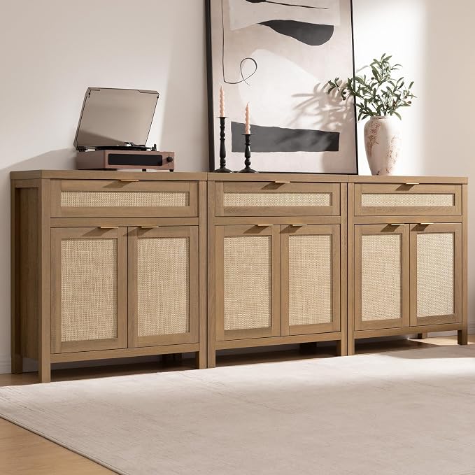 SICOTAS Sideboard Buffet Cabinet Set of 3, Rattan Credenza Storage Cabinet by SICOTAS