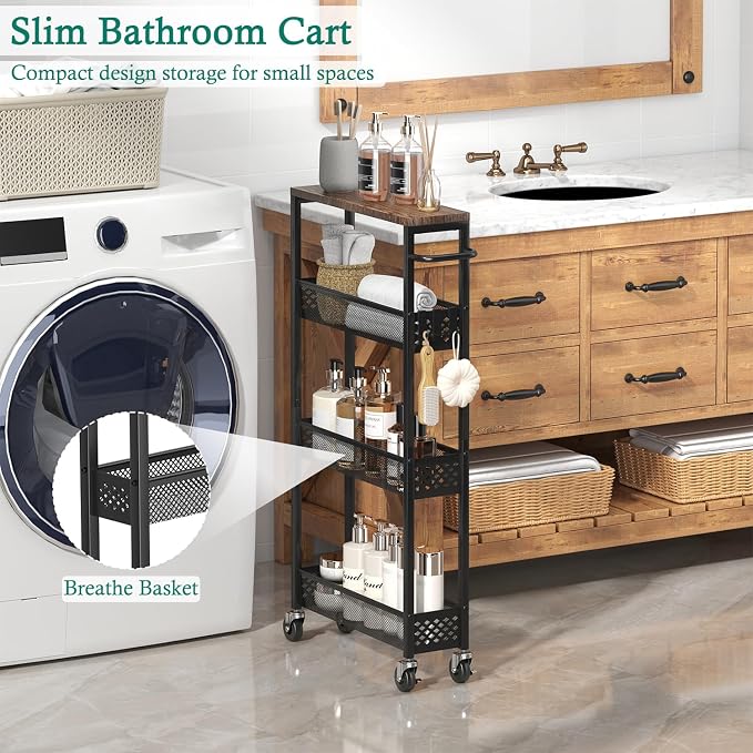XYZLVSI Utility Slim Storage Cart on Wheels, 4 Tier Laundry Room Organizers | - Image 3