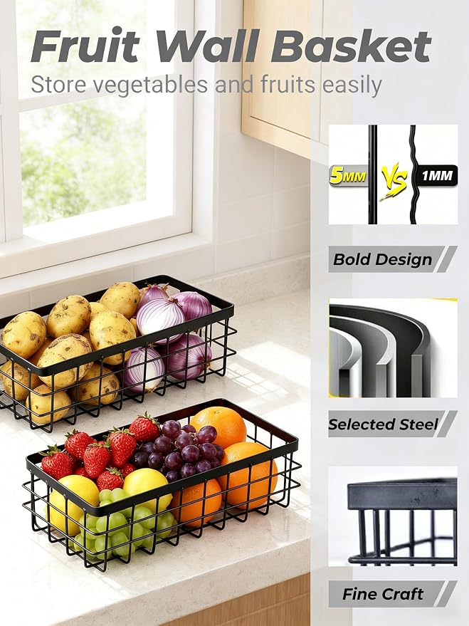 2 Pack Black Adhesive Metal Wire Wall Storage Baskets - Image 2