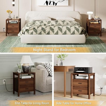 Night Stand Set of 2 with Charging Station, 2 Drawers End Table with Open Shelf - Image 5