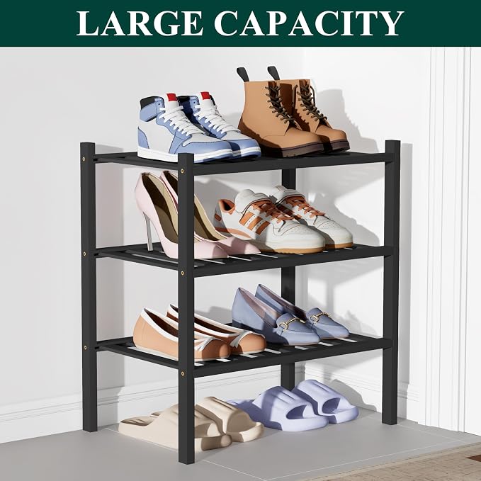 Smiry Bamboo Shoe Rack for Closet, 3 Tier Small Wooden Stackable Shoe Organizer - Image 5